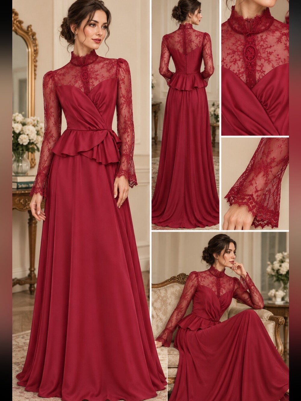 Vintage 1950s Burgundy Evening Gown Sheer Lace Sleeves Satin Draped Bodice SM